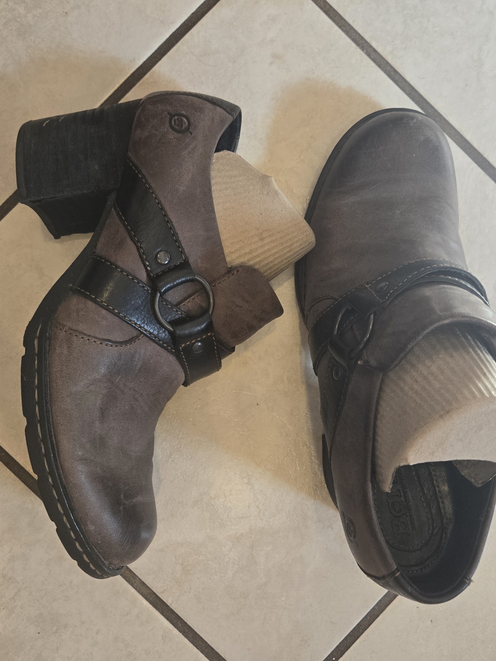 Born Brown Leather Ankle Booties with Black Strap Detail 8.5
